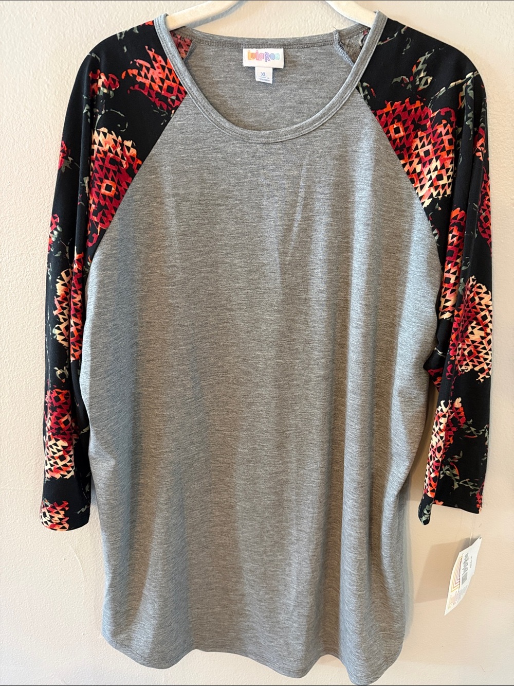 LuLaRoe Gray Raglan Top with Black Red Floral Sleeves
